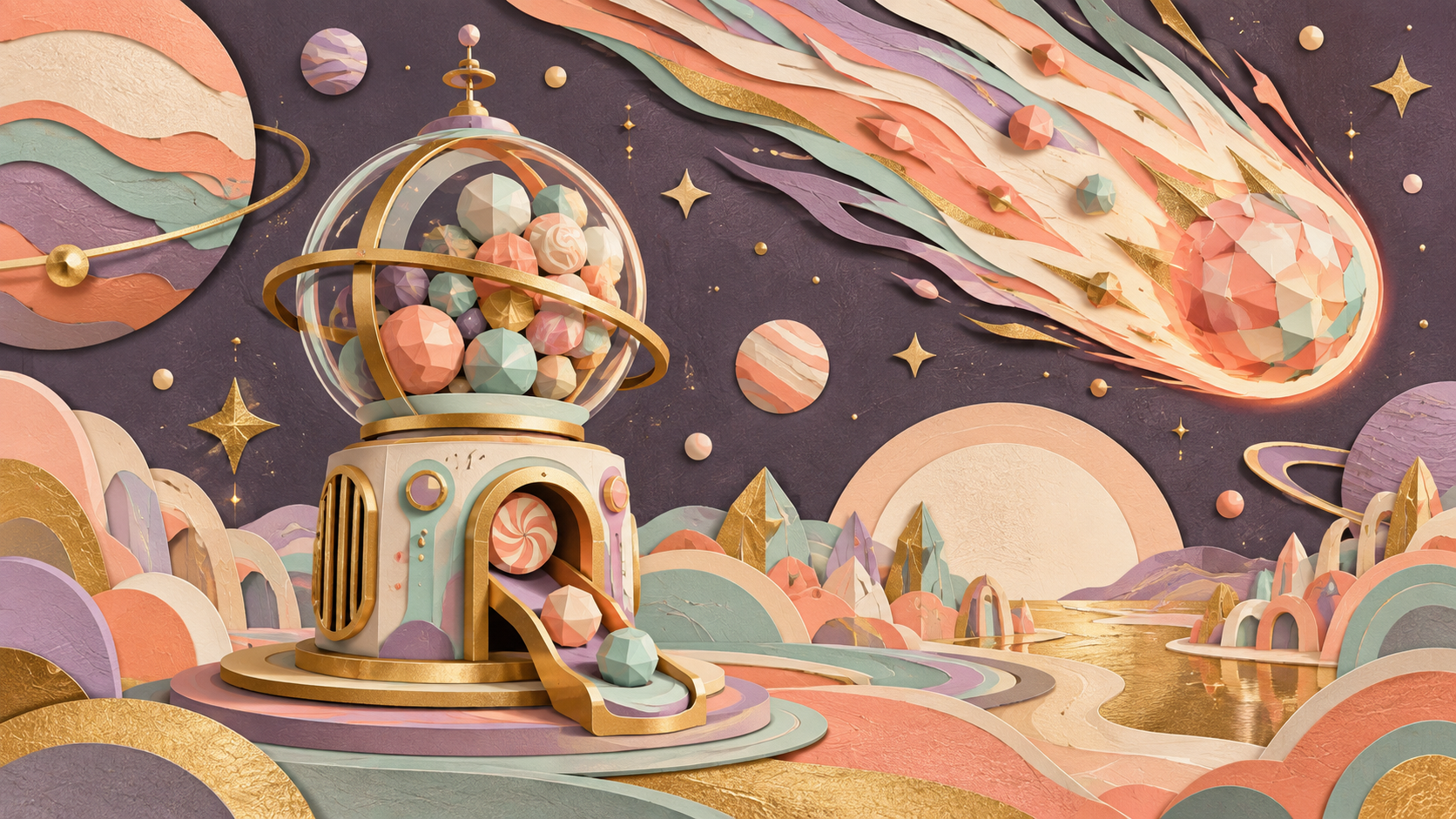 Abstract comet and pastel paper landscape