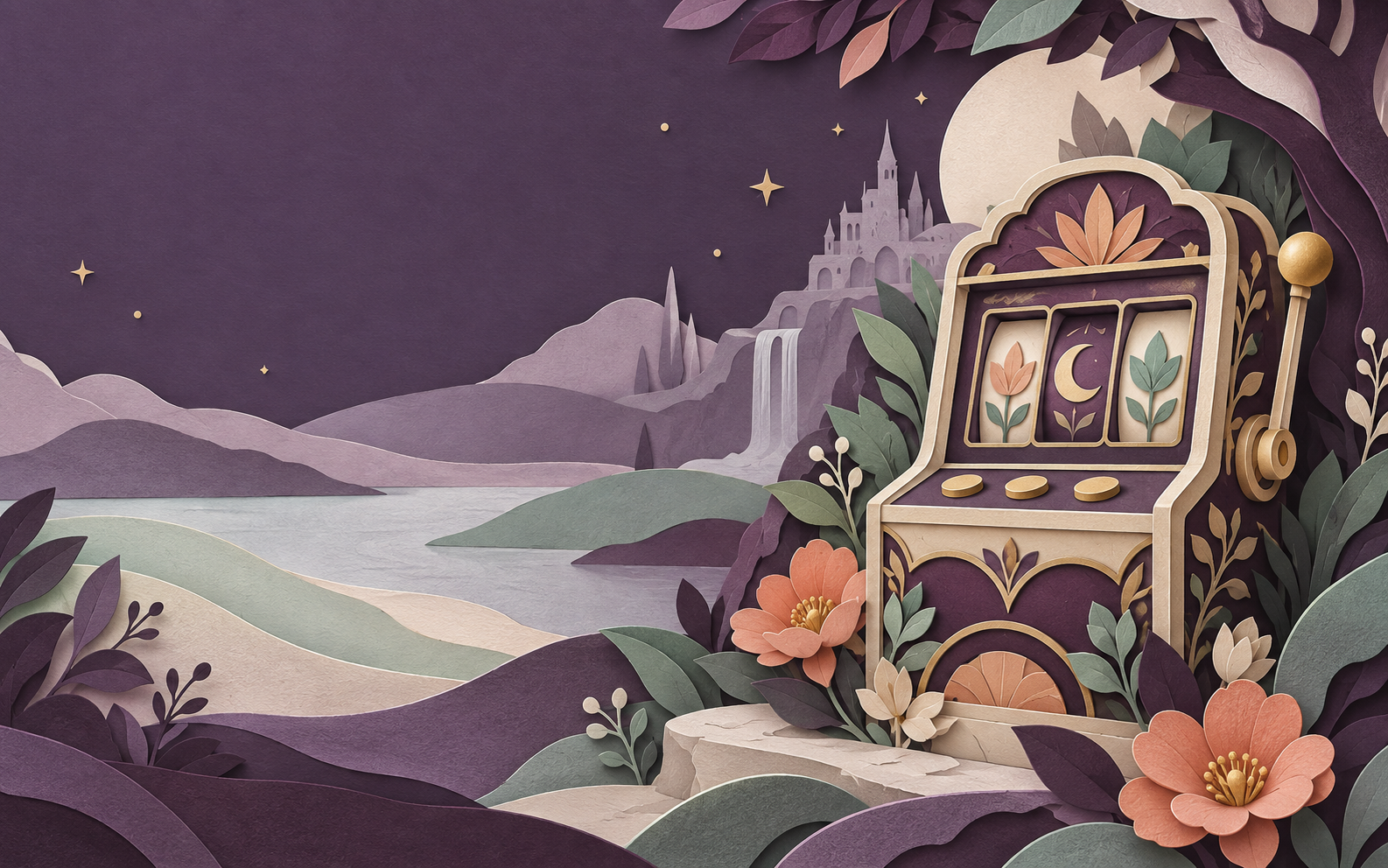 Layered paper fantasy garden surrounding an imaginative game machine