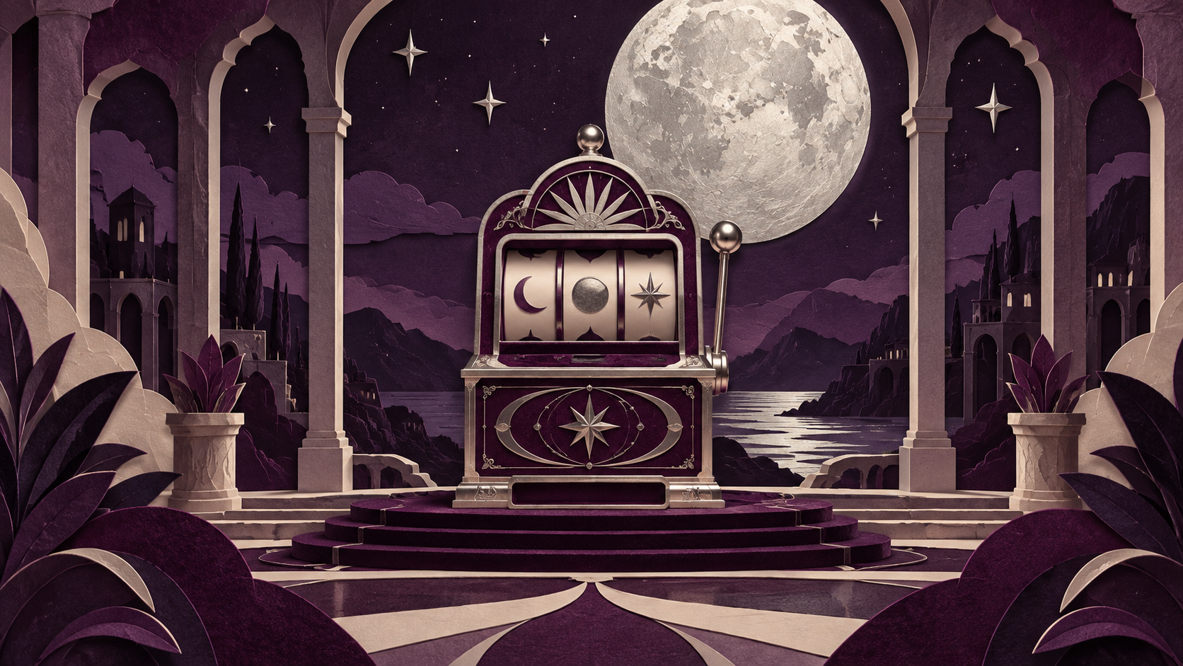 Moonlit arches and a paper-cut game machine